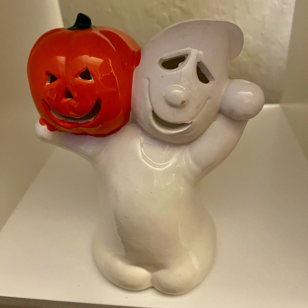Vintage Halloween Ghost and Pumpkin Tea Light Candle Holder